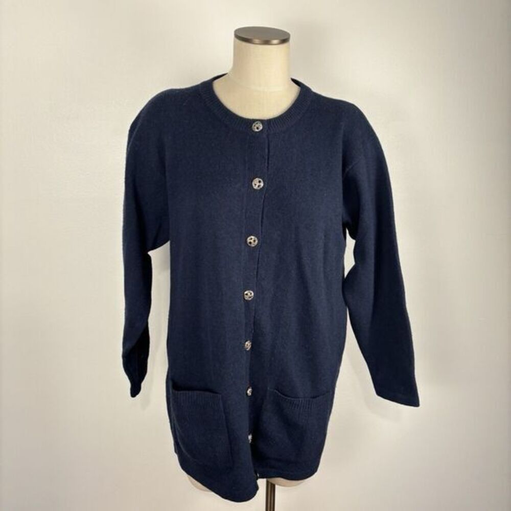 VTG 90s Laura Ashley Women's Navy Blue L Pure New Wool Cardigan Sweater Pockets